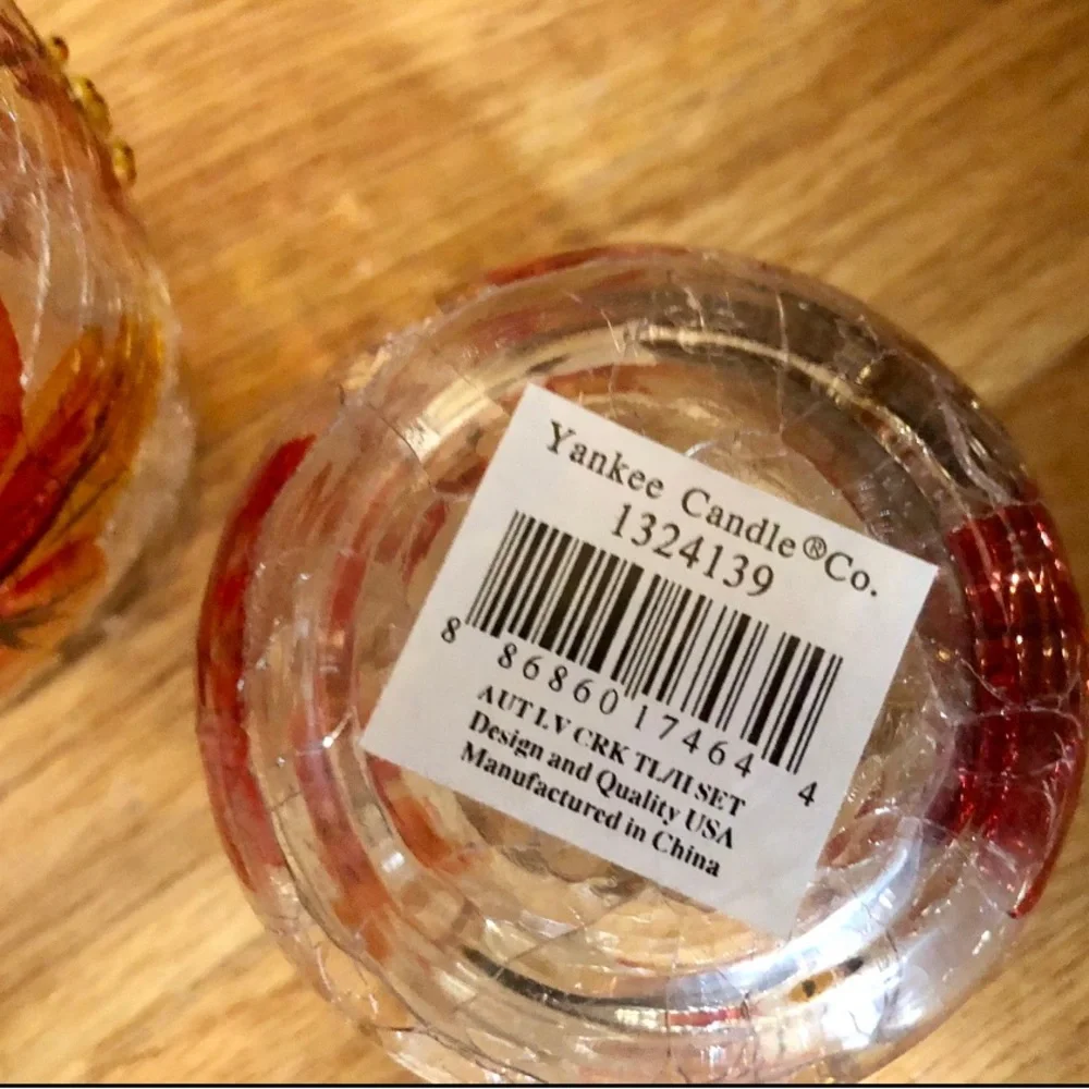 Yankee Candle AUTUMN LEAVES Crackle Glass Tea-light Candle Holder Set